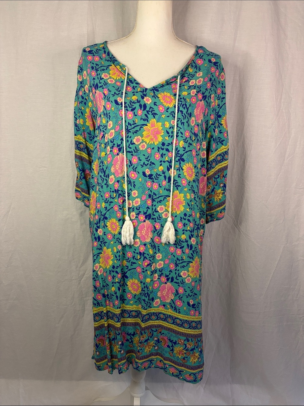Halife Teal Floral Dress with Pink & Yellow Blooms